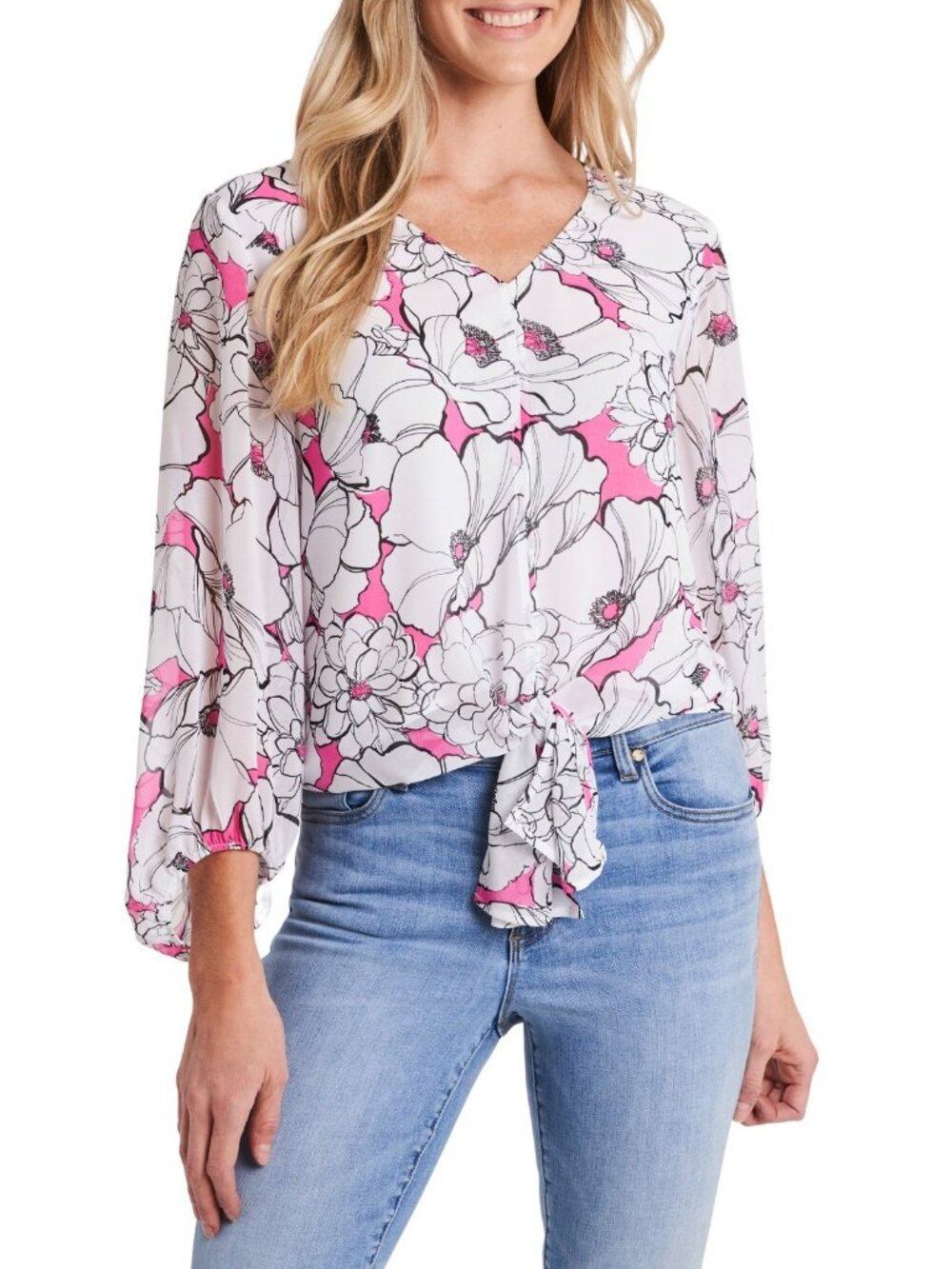 Vince Camuto *Minor Error* Floral-Print Tie-Hem Top White Size M MSRP $79